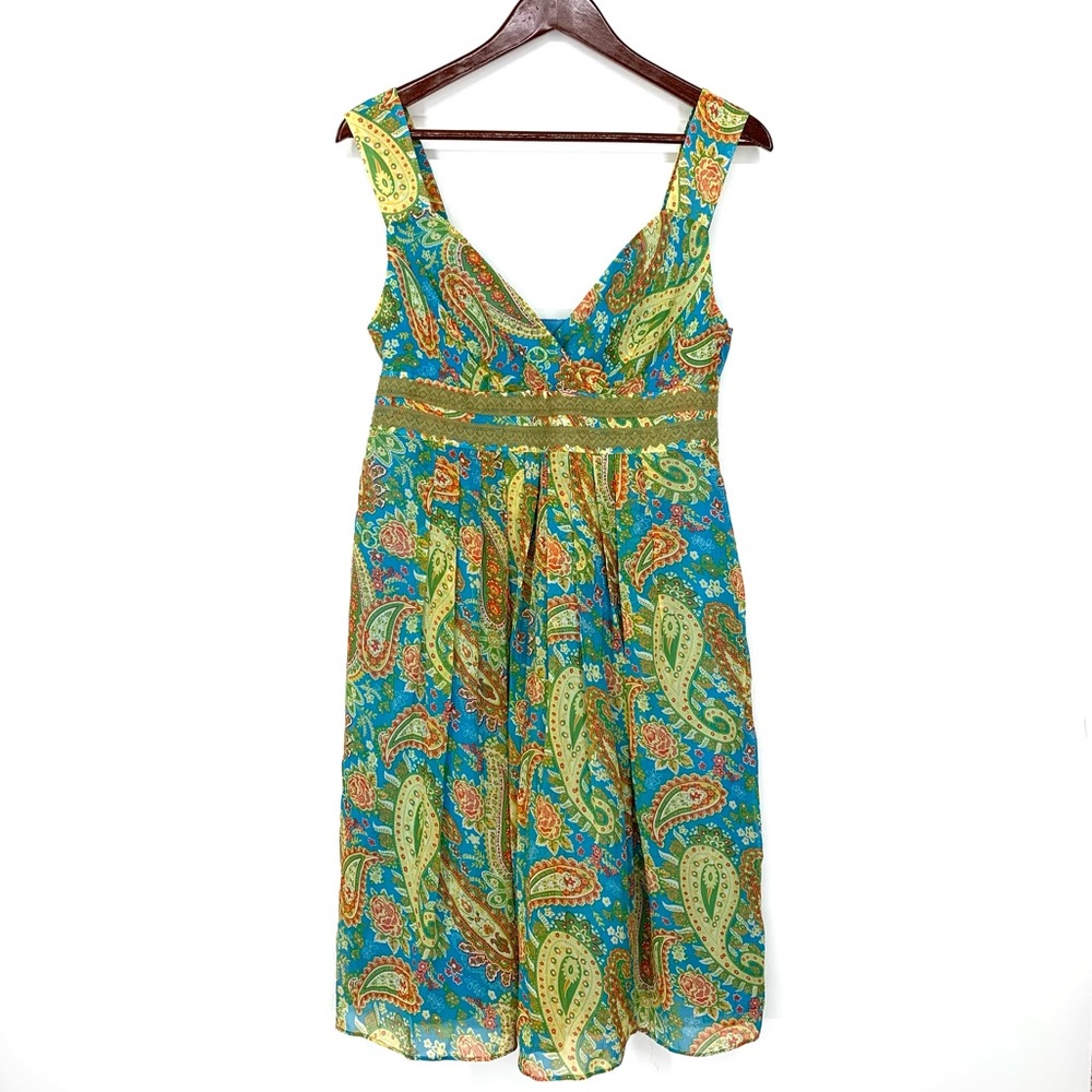 Sundance Sea Of Dreams Silk Paisley Print Fitted Dress Green Yellow Blue Orange